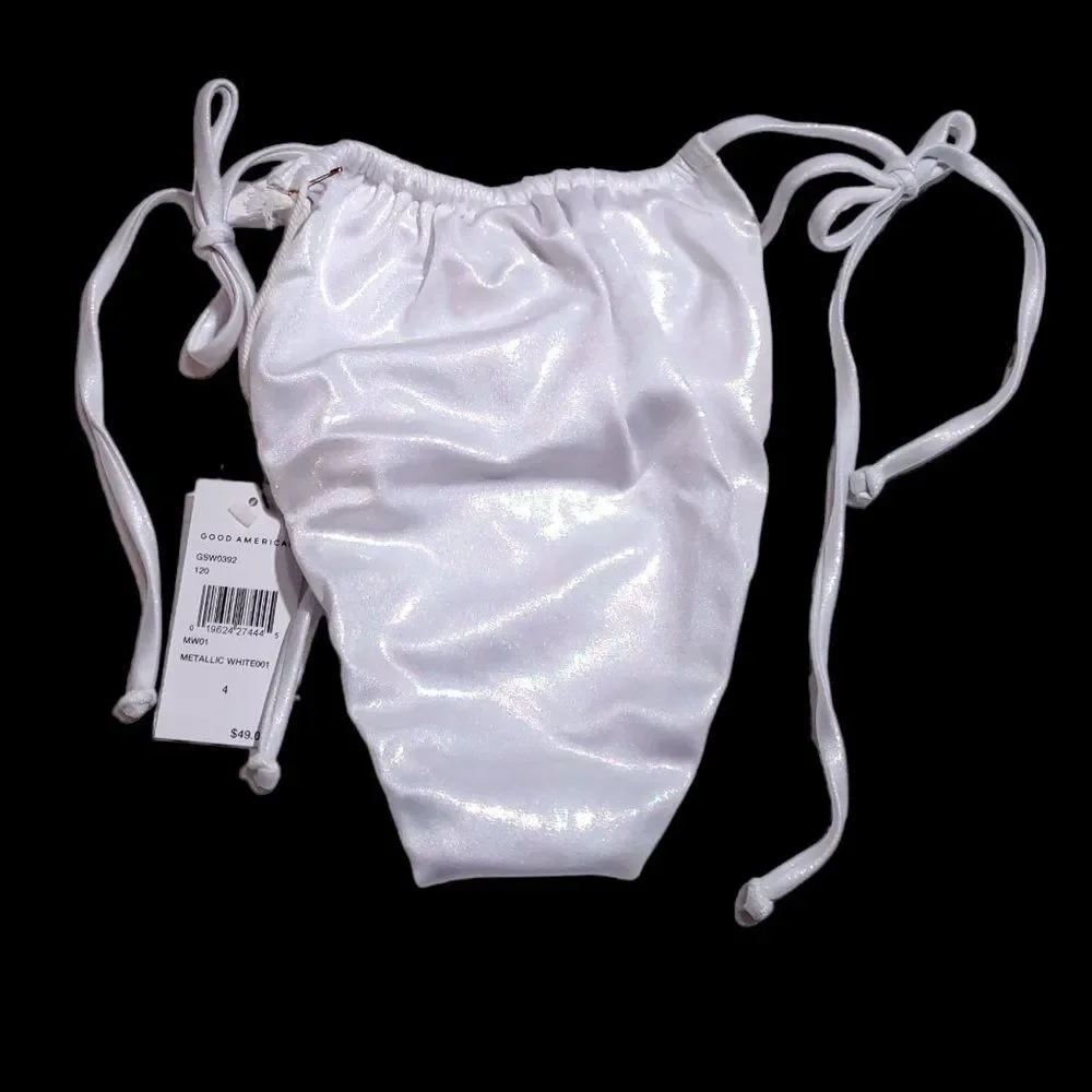 Good American Tiny Ties String Bikini Bottom Metallic White Size 4 XL Sparkle